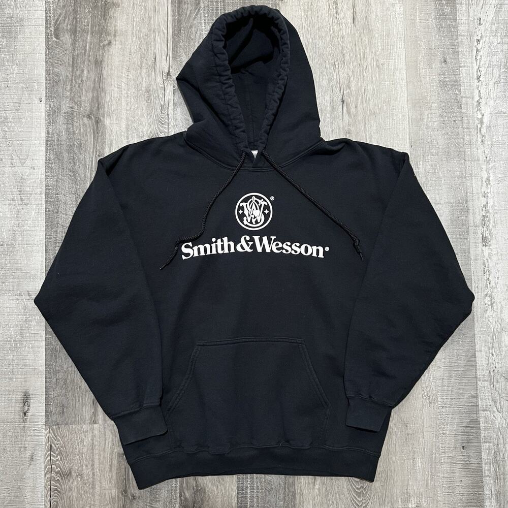 Smith & Wesson Black Drawstring Pullover Y2K Firearm Gun Hoodie Unisex Large